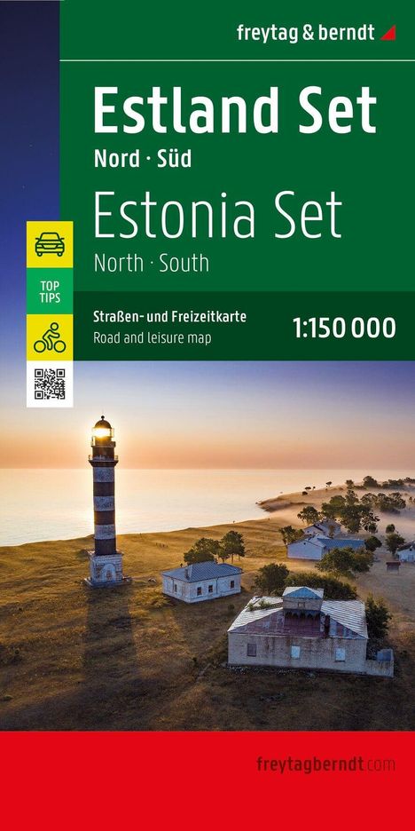 "Estland Set Nord-Süd, Straßen- und Freizeitkarte 1:150 000" steht auf grünem Hintergrund, darunter ein Leuchtturm.