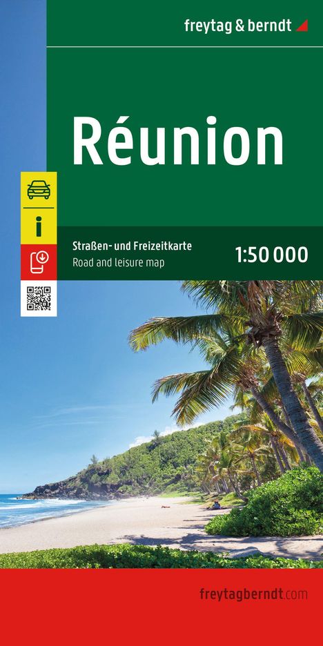 „Réunion“, „Straßen- und Freizeitkarte“, „1:50 000“. Bild von Palmen und einem Strand unter blauem Himmel.