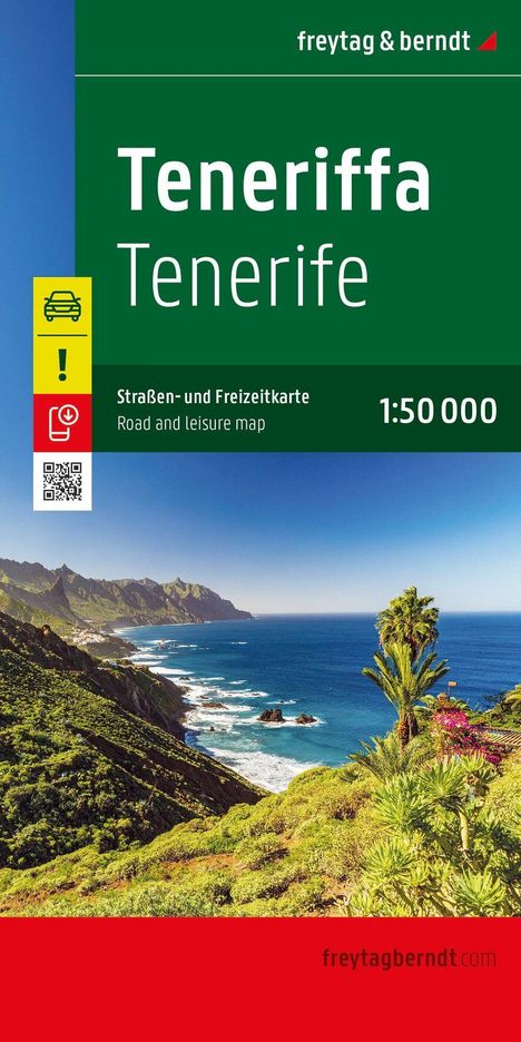 "Teneriffa Tenerife" und "Straßen- und Freizeitkarte 1:50 000". Küstenlandschaft mit Bergen, Meer und Palmen.