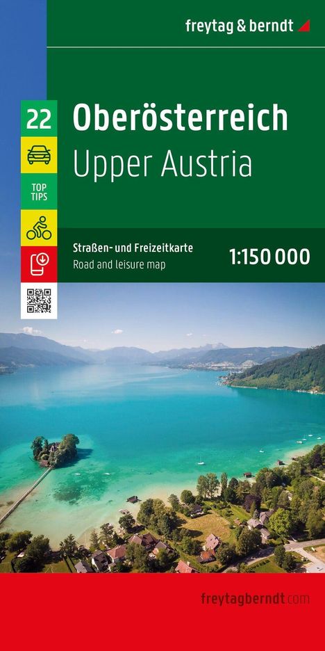 "Oberösterreich Upper Austria. Straßen- und Freizeitkarte. Landschaft mit türkisblauem See, bewaldete Hügel im Hintergrund."
