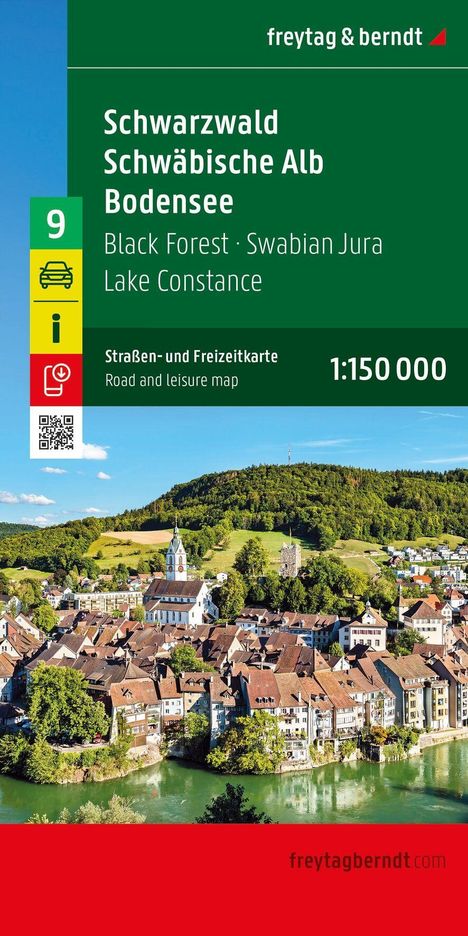 Schwarzwald, Schwäbische Alb, Bodensee Karte; Häuser an einem Fluss vor einem bewaldeten Hügel, blauer Himmel.