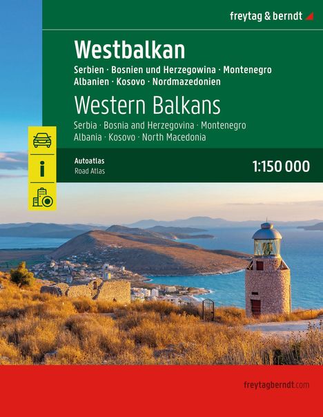 "Westbalkan", "Serbien", "Bosnien und Herzegowina", "Montenegro", "Albanien", "Kosovo", "Nordmazedonien", "1:150 000". Ein Leuchtturm vor Küstenlandschaft.