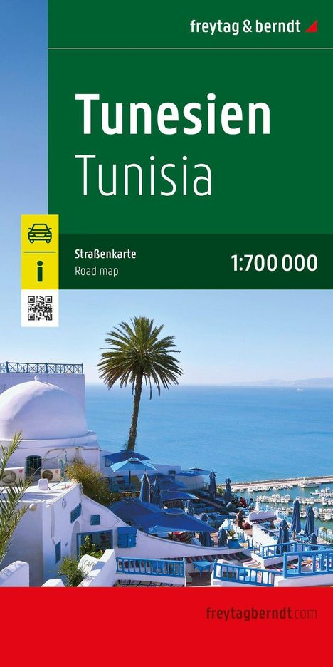 "Tunesien Tunisia 1:700 000 Straßenkarte Road map" steht auf grünem Hintergrund. Darunter Küstenblick mit Palmen.