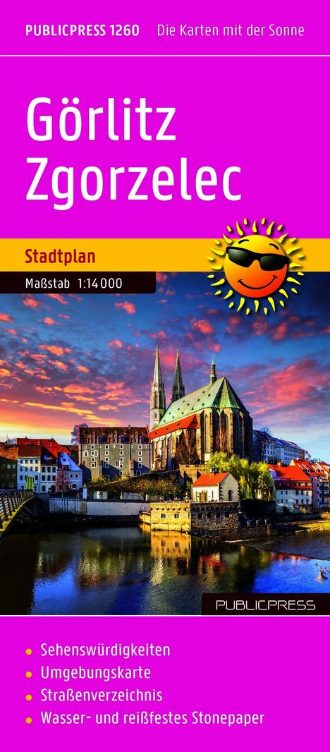 Titel: "Görlitz Zgorzelec Stadtplan". Ein sonniges Logo und ein Abendbild einer Kirche an einem Fluss.