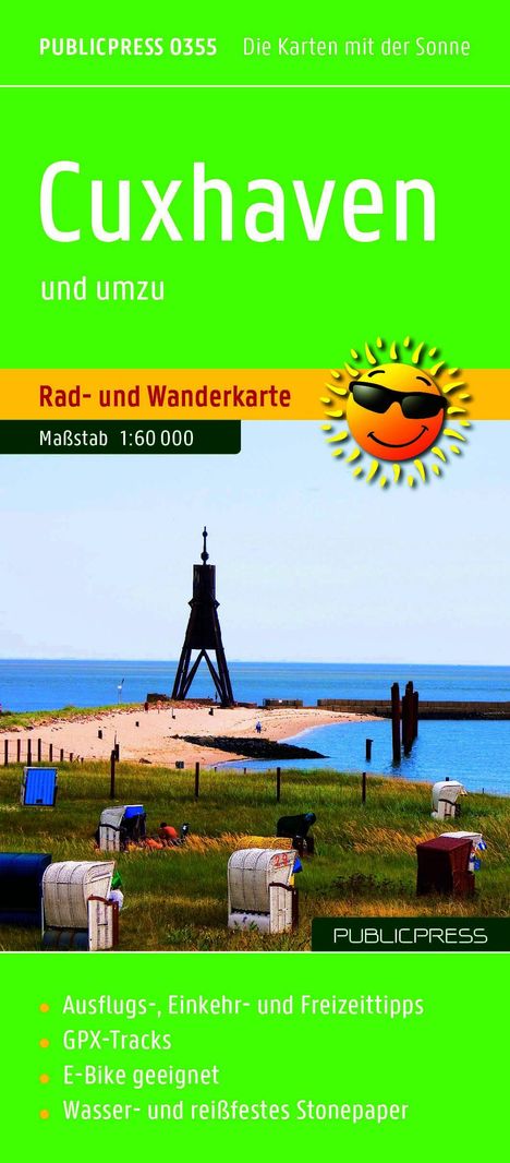 Cuxhaven Rad- und Wanderkarte 1:60 000, Ausflugs- und Freizeittipps, E-Bike geeignet, sonniges Logo, Küstenlandschaft.