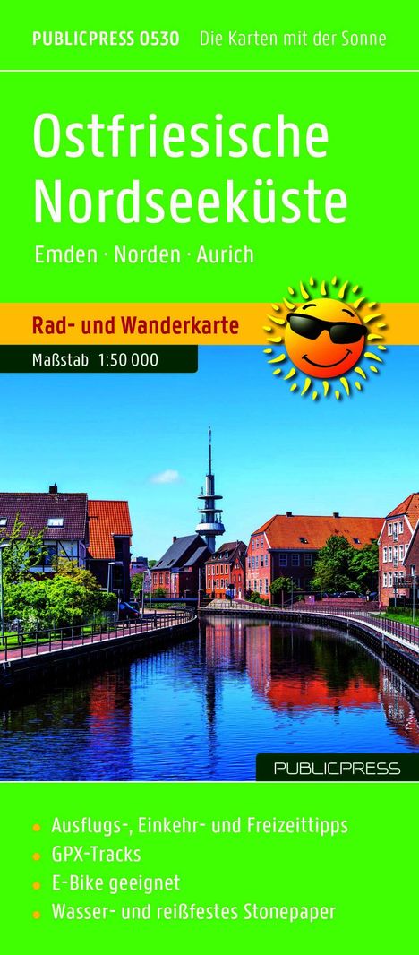 Text "Ostfriesische Nordseeküste", "Rad- und Wanderkarte", "Maßstab 1:50 000". Illustration von Wasserweg und Häusern.