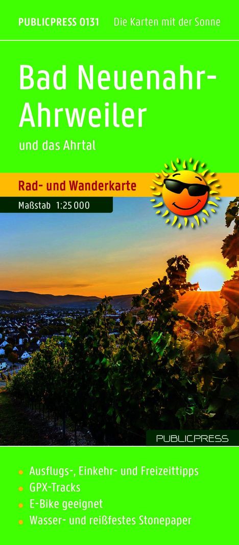 Bad Neuenahr-Ahrweiler Karte für Rad- und Wandertouren, Maßstab 1:25.000. Ein lächelndes, sonniges Logo.