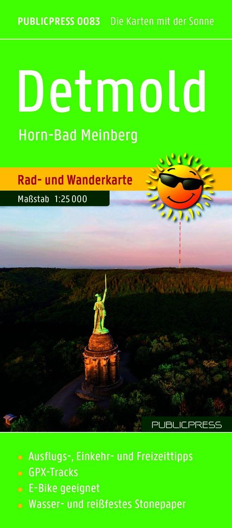 "PUBLICPRESS 0083 Die Karten mit der Sonne. Detmold Horn-Bad Meinberg Rad- und Wanderkarte Maßstab 1:25 000."  
Ein Logo mit lachender Sonne. Unten eine Statue mit Bäumen im Hintergrund.