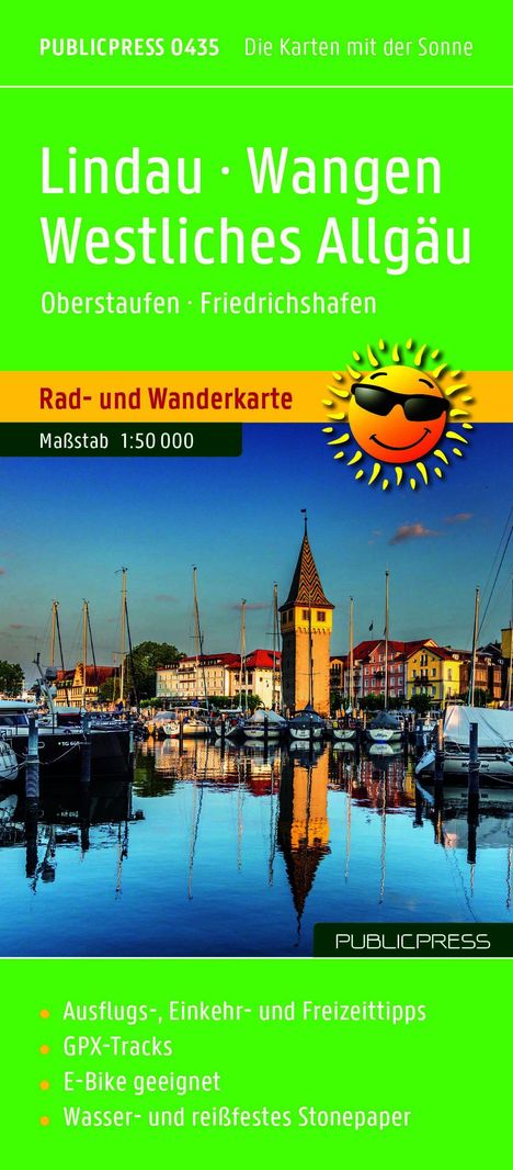 Kartentext: Lindau, Wangen, Westliches Allgäu. Rad- und Wanderkarte, Maßstab 1:50 000. Illustration von Hafen und Turm.