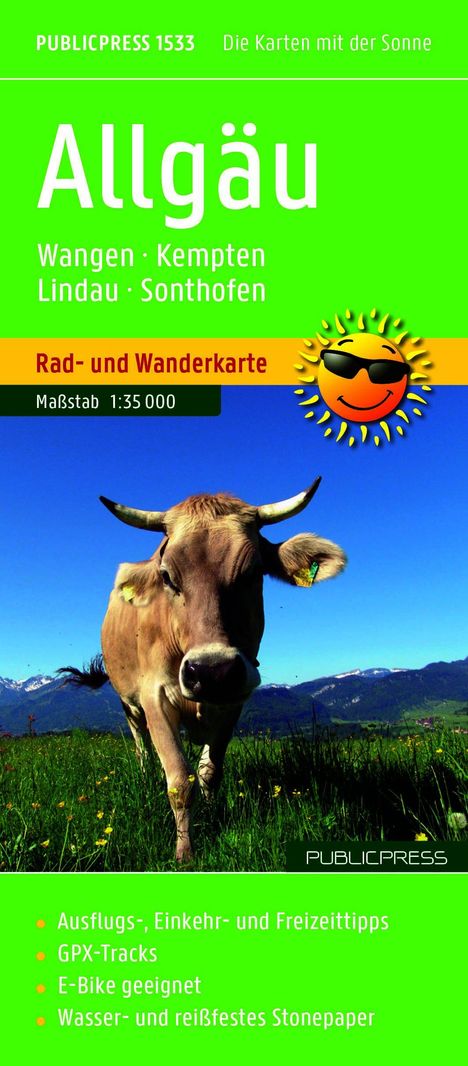 Allgäu Rad- und Wanderkarte. Kuh auf grüner Wiese vor Bergen, sonniger Tag. Smiley-Sonnen-Logo mit Sonnenbrille.