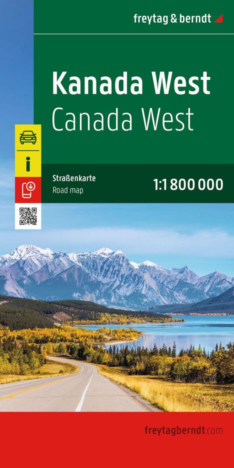 "Kanada West, Canada West, Straßenkarte 1:1 800 000." Foto: Berglandschaft mit Straße und See im Herbst.