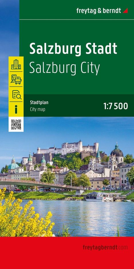 "Salzburg Stadt, Salzburg City, Stadtplan, City map, 1:7 500" auf grünem Hintergrund. © ignoriert. Panoramablick mit Festung.