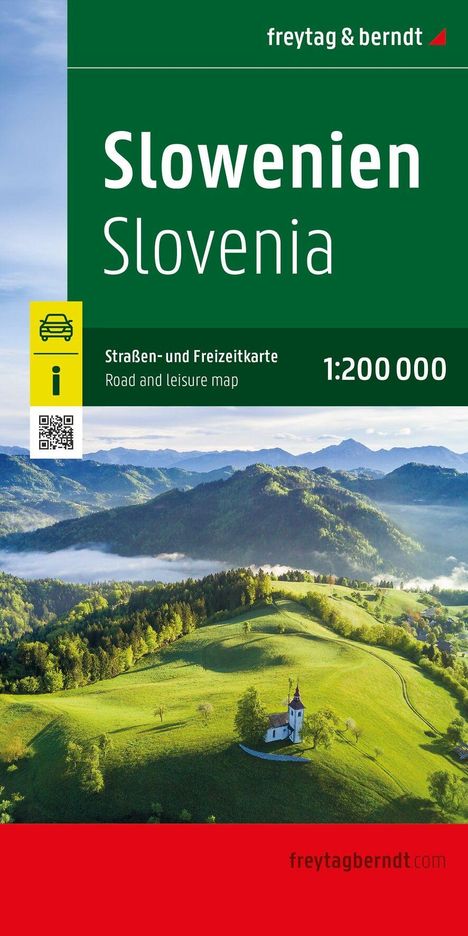 Titel: Slowenien. Text: "Straßen- und Freizeitkarte 1:200 000". Landschaftsfoto mit Hügeln und einer kleinen Kirche.