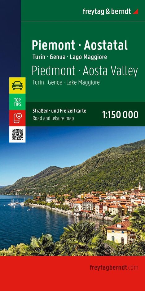 „Piemonte · Aostatal, Turin · Genua · Lago Maggiore, 1:150 000, Straßen- und Freizeitkarte.“ Küstenstadt am See.
