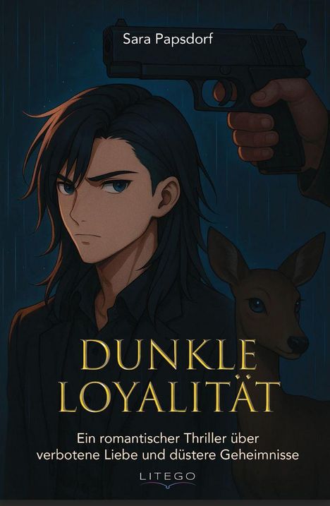 Text: "Sara Papsdorf", "Dunkle Loyalität", "Ein romantischer Thriller über verbotene Liebe und düstere Geheimnisse", "LITEGO". 

Illustration: Ein Mann mit langen Haaren, eine Pistole, ein Reh im Hintergrund.