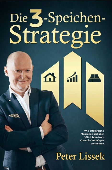 "Die 3-Speichen-Strategie" und "Peter Lissek" in Gold. Links steht ein lächelnder Mann im Anzug. Drei Pfeile mit Icons.