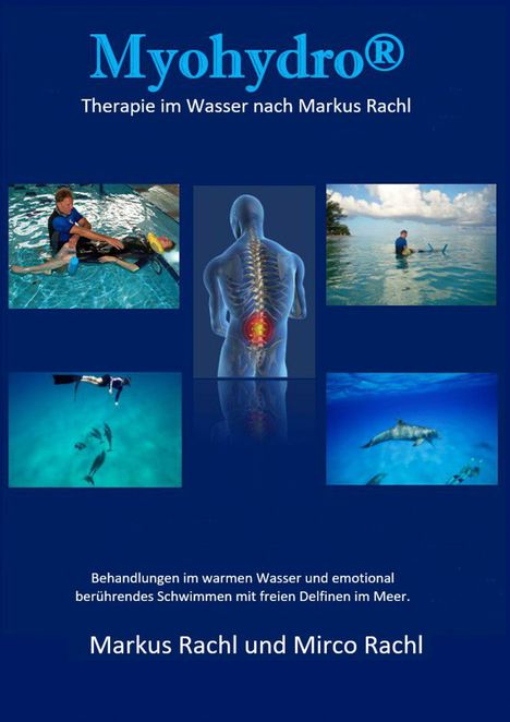 Myohydro® Therapie im Wasser nach Markus Rachl. Bilder von Wasserszenen, Menschen und Delfinen, Skelettdarstellung der Wirbelsäule.