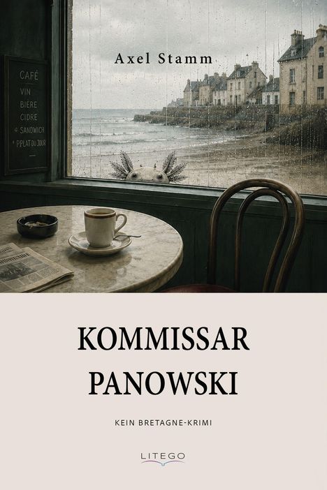 Text: "Axel Stamm, Kommissar Panowski, Kein Bretagne-Krimi". Ein Café mit Blick auf das Meer, beim Fenster ein Axolotl.