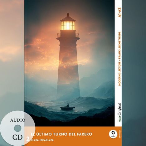 "El último turno del farero" steht groß auf einer stimmungsvollen Illustration mit Leuchtturm bei Sonnenuntergang.