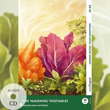 AUDIO CD. THE VANISHING VEGETABLES. Grange Farm Mysteries. Illustration von buntem Gemüse vor gelbem Hintergrund.