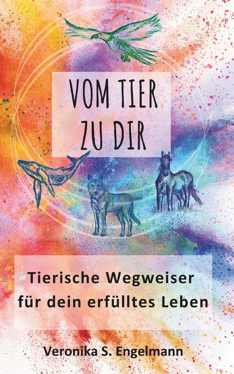 "VOM TIER ZU DIR" und "Tierische Wegweiser für dein erfülltes Leben". Farbige Illustration von Tieren auf buntem Hintergrund.