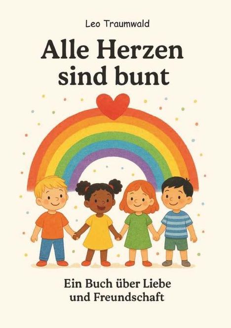 "Alle Herzen sind bunt. Ein Buch über Liebe und Freundschaft." Vier Kinder halten sich vor einem Regenbogen die Hände.
