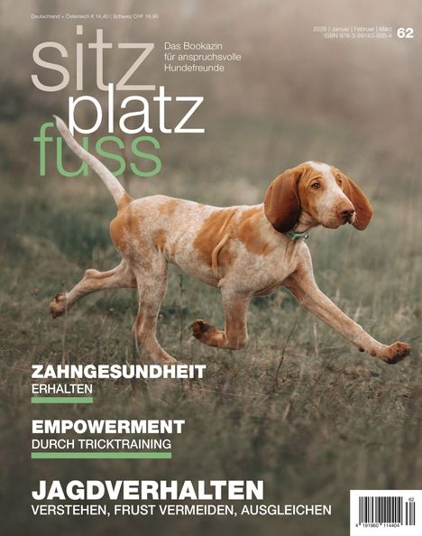 Die Texte: "sitz platz fuss", "Zahngesundheit erhalten", "Empowerment durch Tricktraining", "Jagdverhalten verstehen". Ein Hund läuft draußen.