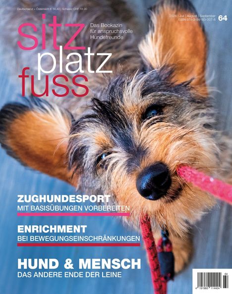 Texte: "sitz platz fuss", "Das Bookazin für anspruchsvolle Hundefreunde", Themen: Zughundesport, Enrichment, Hund & Mensch. Bild: Hund mit Leine.