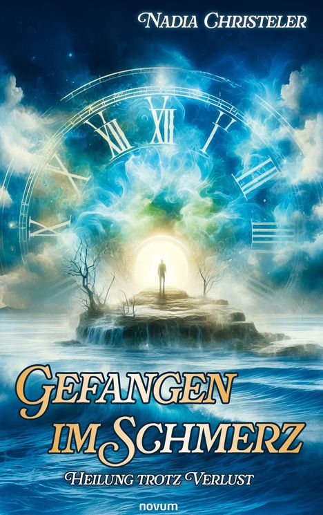 Titel: "Gefangen im Schmerz", Untertitel: "Heilung trotz Verlust". Illustration mit Uhr, Figur und surrealer Landschaft.