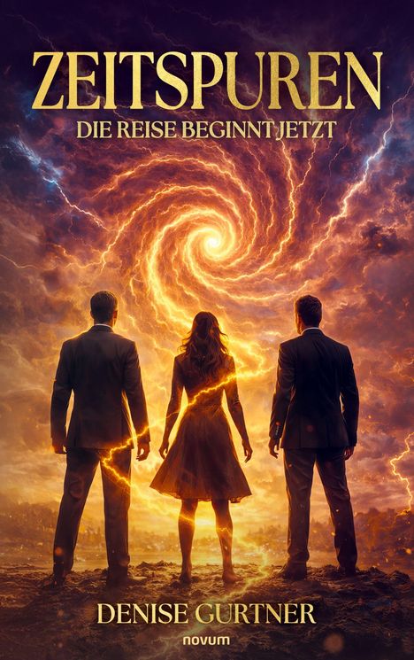 "ZEITSPUREN - DIE REISE BEGINNT JETZT" in großer Schrift. Drei Personen vor einem leuchtenden, wirbelnden Portal.