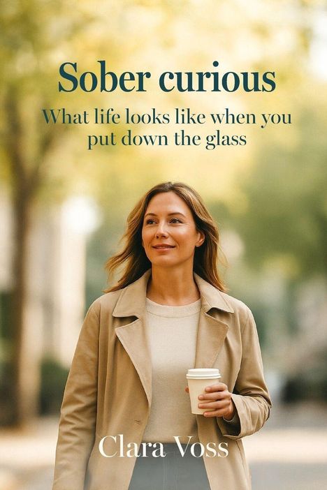 "Sober curious. What life looks like when you put down the glass. Clara Voss." Frau mit Kaffeebecher, lächelnd im Freien.
