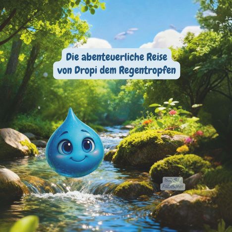 "Die abenteuerliche Reise von Dropi dem Regentropfen". Ein fröhlicher, blauer Regentropfen in einem sonnigen Wald.