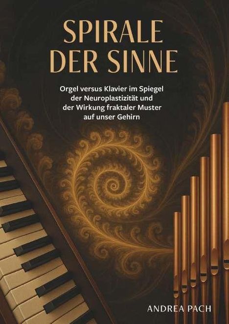 „SPIRALE DER SINNE“, Untertitel über Orgel, Klavier und Gehirn. Illustration: Klaviertasten und Orgelpfeifen mit spiralförmigen Mustern.