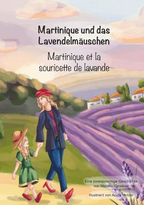 „Martinique und das Lavendelmäuschen“ ist eine Illustration mit zwei Personen, die Hand in Hand durch ein Lavendelfeld spazieren.