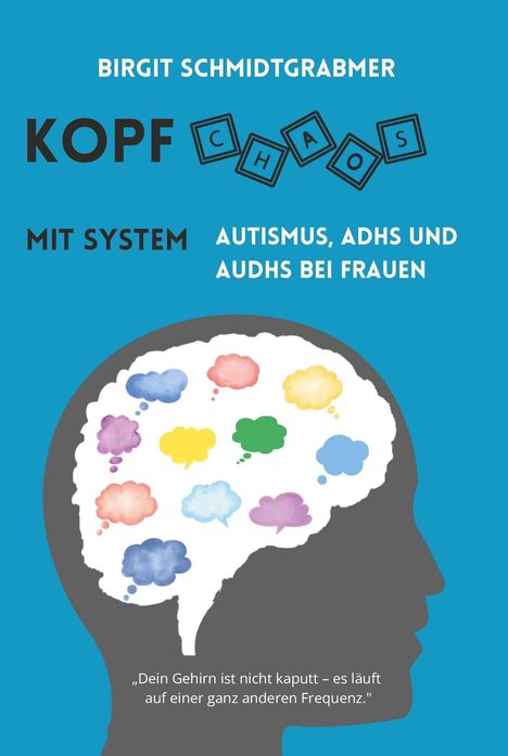 BIRGIT SCHMIDTGRABNER, KOPF CHAOS, MIT SYSTEM, AUTISMUS, ADHS UND AUDHS BEI FRAUEN. Silhouette mit bunten Gedankenblasen.