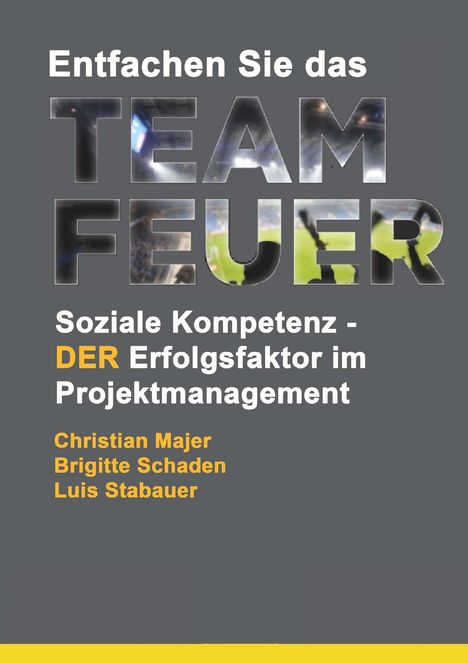 Text: "Entfachen Sie das Team Feuer. Soziale Kompetenz - DER Erfolgsfaktor im Projektmanagement. Christian Majer, Brigitte Schaden, Luis Stabauer." Der Hintergrund ist grau, die Schrift variiert in Farbe und Größe.