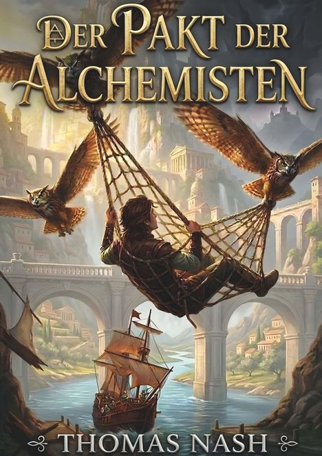 Text: "DER PAKT DER ALCHEMISTEN" und "THOMAS NASH". Illustration: Mann in Netz, getragen von Eulen, über Flusslandschaft.