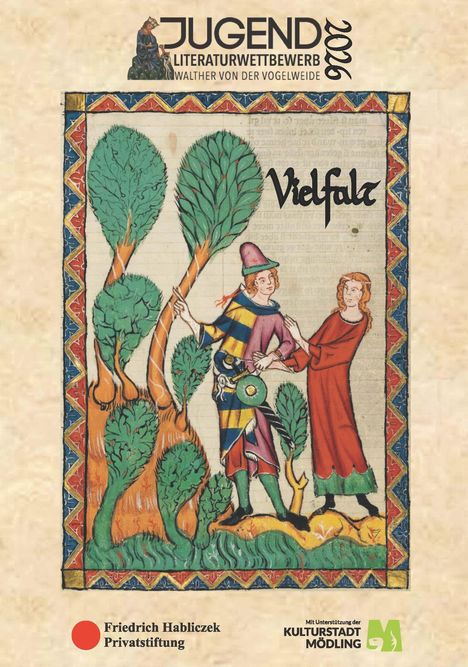 "Jugend Literaturwettbewerb 2023", "Vielfalt". Mittelalterliche Illustration: Zwei Menschen zwischen Bäumen.
