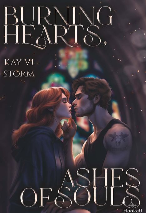 Texte: "Burning Hearts", "Ashes of Souls", "Kay Vi Storm". Illustration eines Paares, das sich nahekommt, vor buntem Licht.