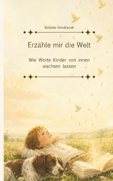 Cover mit dem Text: "Rafaela Vondracek. Erzähle mir die Welt. Wie Worte Kinder von innen wachsen lassen." Illustration: Ein Junge und Hund liegen in einer Blumenwiese, Buch und fliegende Buchstaben.