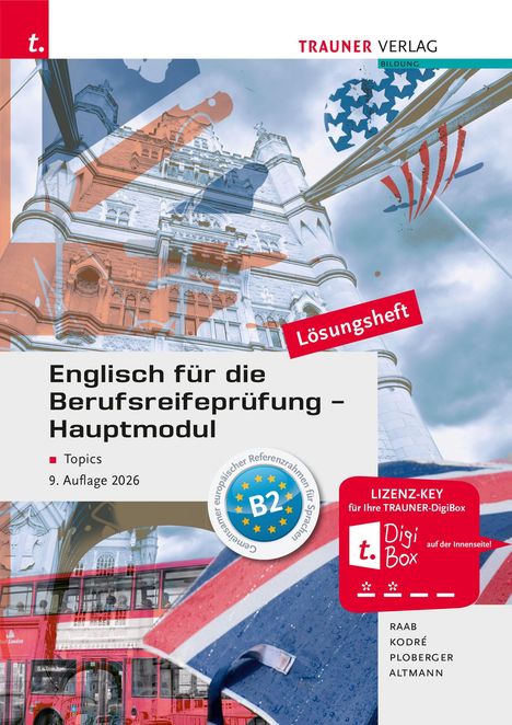 Titel: Englisch für die Berufsreifeprüfung – Hauptmodul. "Lösungsheft" auf rotem Banner. Bild: Gebäude und britische Symbole.