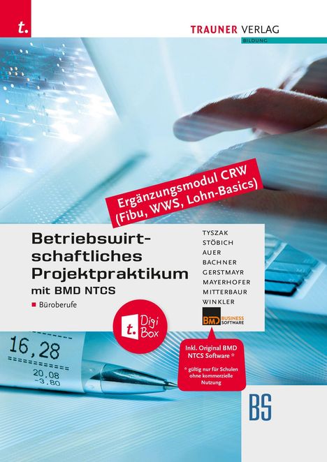 „Betriebswirtschaftliches Projektpraktikum mit BMD NTCS“, rotes Infofeld, Hand berührt Tablet, Digi-Box- und BMD-Logos.