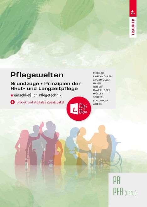 Pflegewelten: Grundzüge + Prinzipien der Akut- und Langzeitpflege, inkl. Pflegetechnik. Bunte Menschensilhouetten.