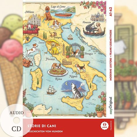 Moderne Lektüre A1-A2. Storie di Cani. Illustration von Italien mit Hunden an verschiedenen Orten wie Mailand und Rom.