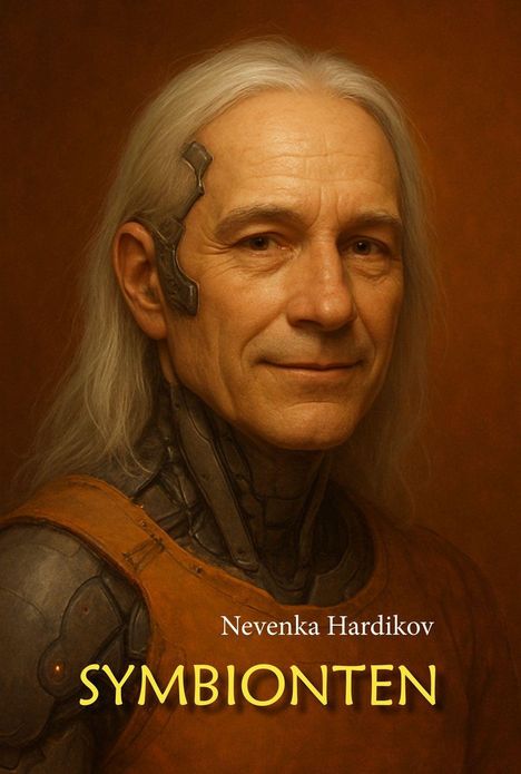"Nevenka Hardikov" und "SYMBIONTEN" in gelber Schrift auf braunem Hintergrund. Ein älterer Mann mit metallischen Details am Kopf.