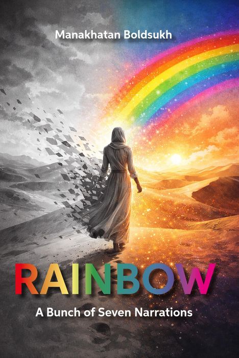 Oben steht "Manakhatan Boldsukh", unten "RAINBOW: A Bunch of Seven Narrations". Eine Person steht zwischen grauem und buntem Himmel.