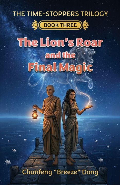 "The Lion's Roar and the Final Magic", Figuren auf einem Steg, nächtlicher Himmel mit Sternen, geisterhafter Löwe.