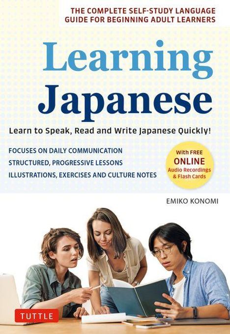 "Learning Japanese: Learn to Speak, Read and Write Japanese Quickly!" Drei Personen betrachten Bücher.