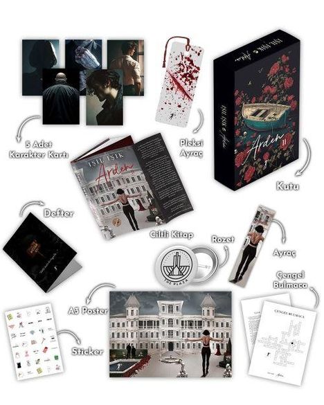 Fünf Charakterkarten, Plexi-Lesezeichen, Buchbox, Notizbuch, gebundenes Buch, Button, Lesezeichen, Sticker, Poster, Rätsel.