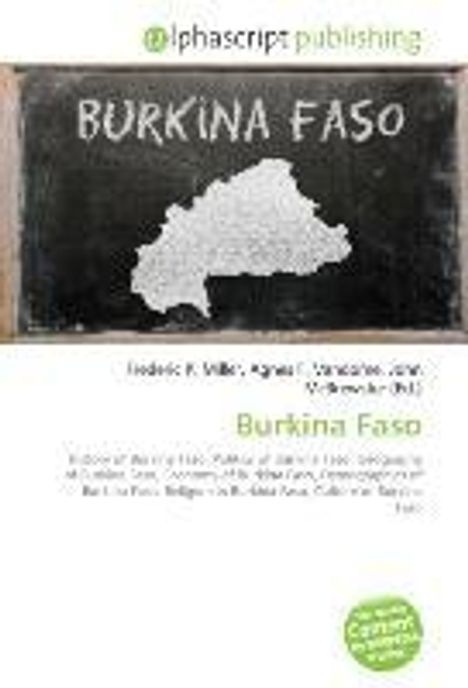 "BURKINA FASO", Karte von Burkina Faso auf Tafel. "alphascript publishing". Beige Hintergrund mit grünem Symbol.